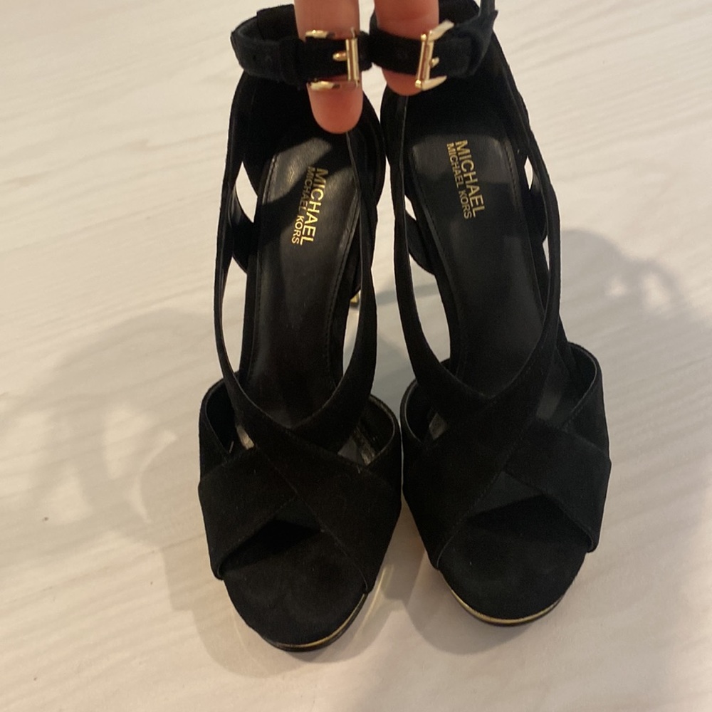 MK Black Gold Strap Ankle Evening Heels 7 - Picture 3 of 10